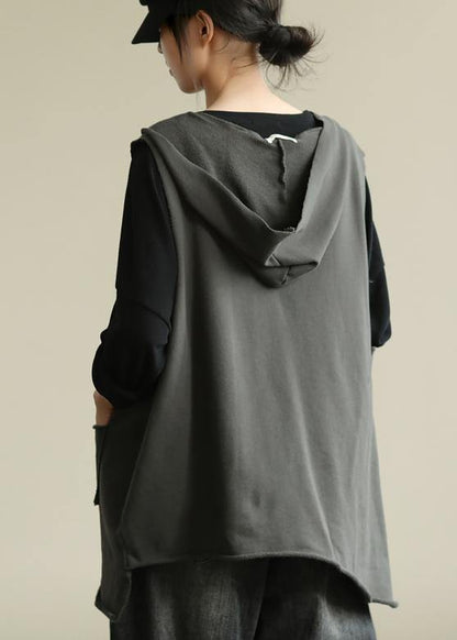 Hooded Sleeveless Tops Work Gray Blouse