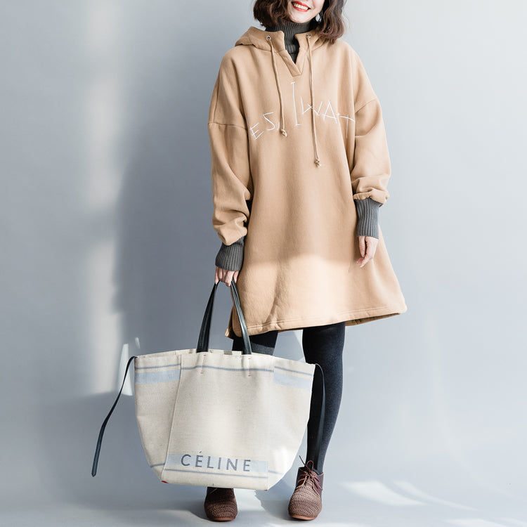 Khaki Cotton Clothes for Fine Work Outfits Loose Hooded Patchwork Blouses