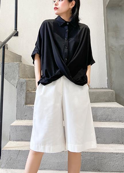 Lapel Asymmetric Cotton Shirts Tunic Tops Black Blouse