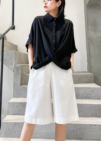 Lapel Asymmetric Cotton Shirts Tunic Tops Black Blouse