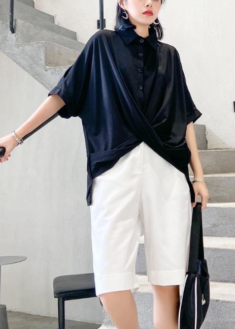 Lapel Asymmetric Cotton Shirts Tunic Tops Black Blouse