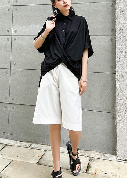 Lapel Asymmetric Cotton Shirts Tunic Tops Black Blouse