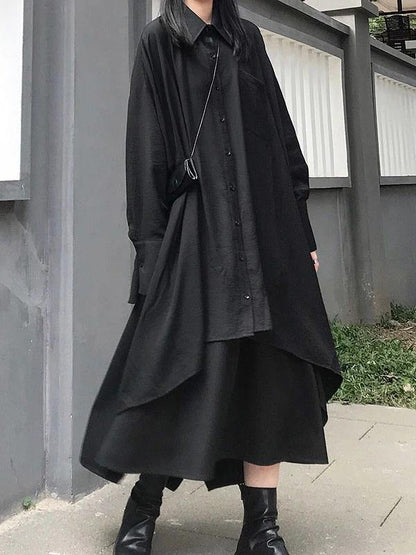 Lapel Asymmetric Cotton Spring for Black a Line Shirt Dresses