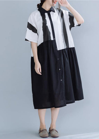 Lapel Patchwork Linen Dresses Neckline Black Striped Dress Summer