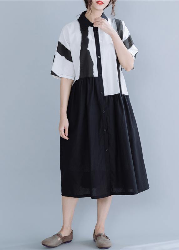 Lapel Patchwork Linen Dresses Neckline Black Striped Dress Summer