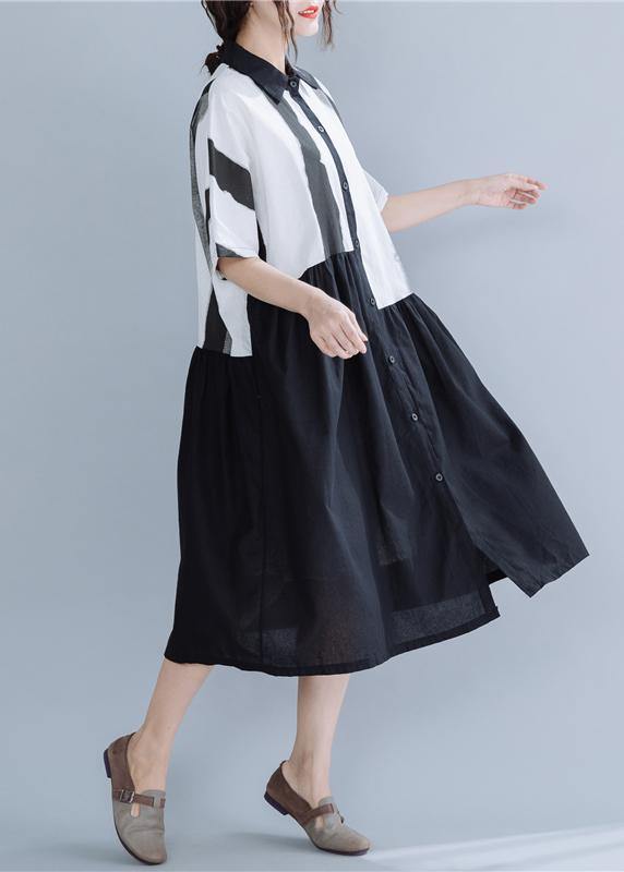 Lapel Patchwork Linen Dresses Neckline Black Striped Dress Summer