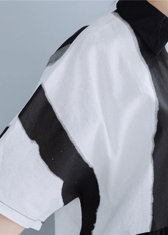 Lapel Patchwork Linen Dresses Neckline Black Striped Dress Summer