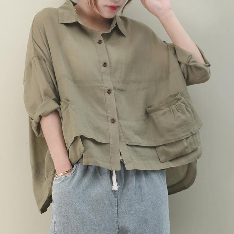 Lapel Pockets Linen Shirts Christmas Gifts Khaki Blouse