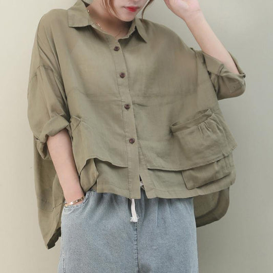 Lapel Pockets Linen Shirts Christmas Gifts Khaki Blouse