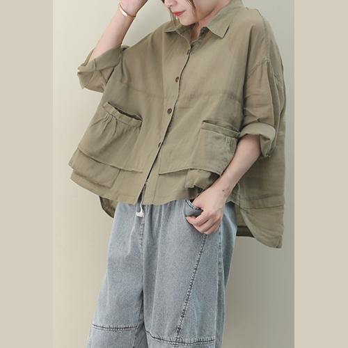 Lapel Pockets Linen Shirts Christmas Gifts Khaki Blouse