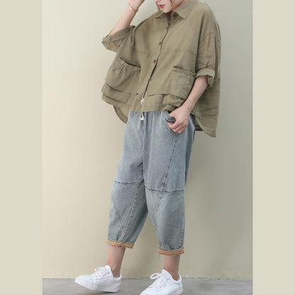 Lapel Pockets Linen Shirts Christmas Gifts Khaki Blouse
