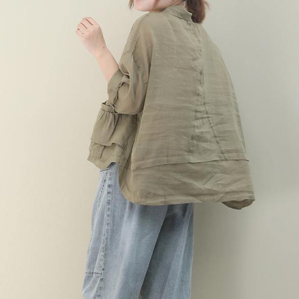 Lapel Pockets Linen Shirts Christmas Gifts Khaki Blouse