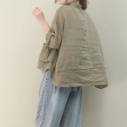 Lapel Pockets Linen Shirts Christmas Gifts Khaki Blouse