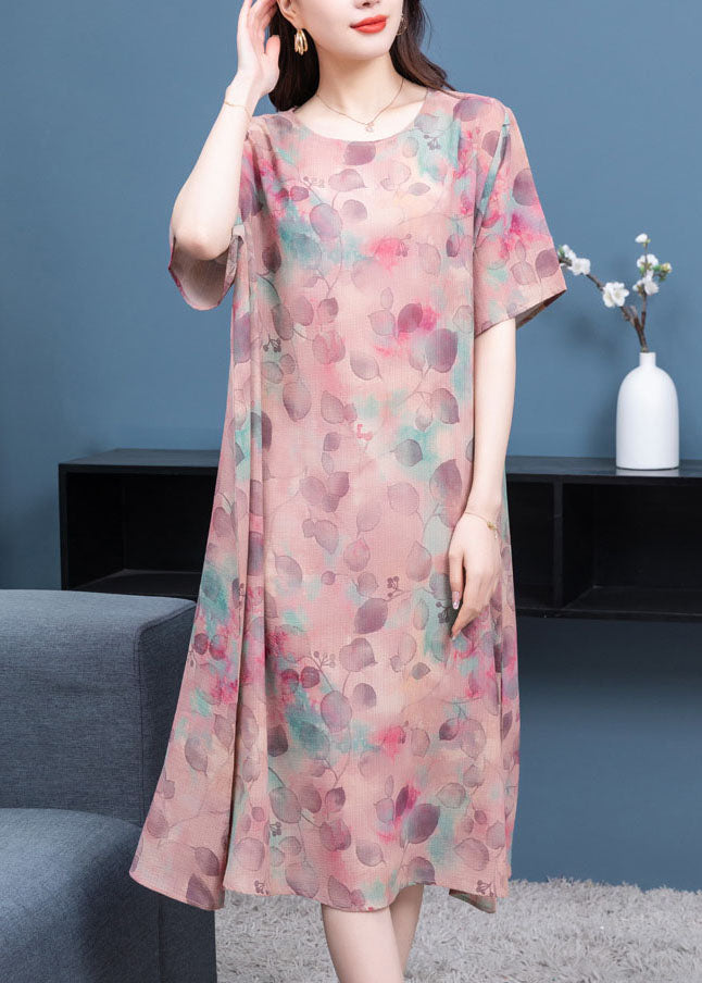 Light Purple O-neck Print Patchwork Chiffon Dresses Summer