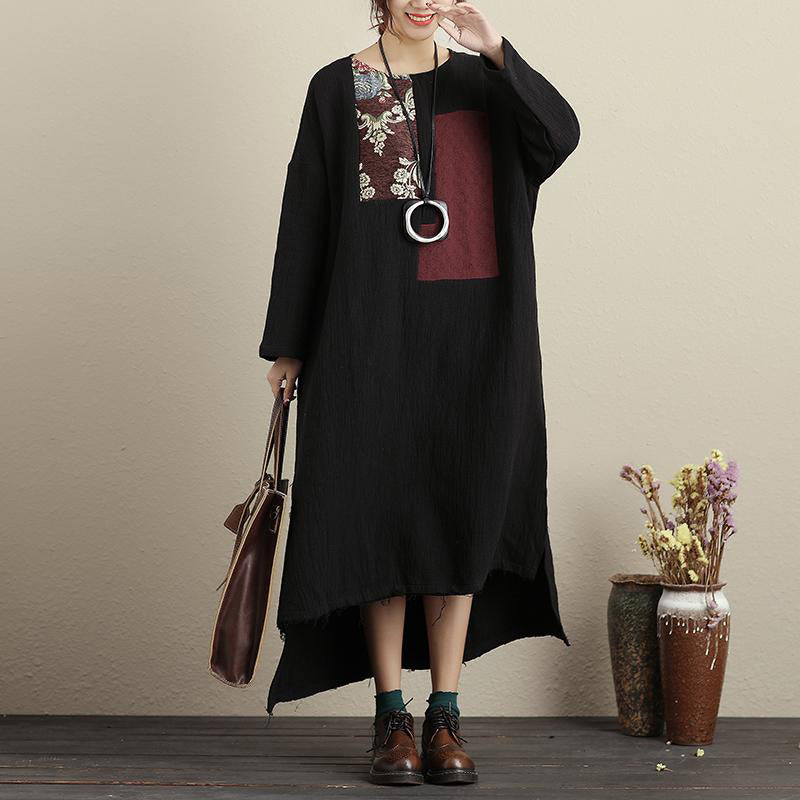 Linen Robes Long Sleeve Pockets High-low Hem Raw-edge Trim Dress