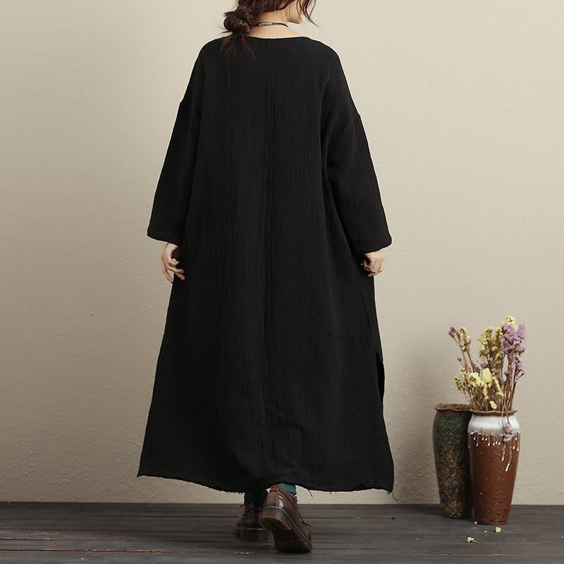 Linen Robes Long Sleeve Pockets High-low Hem Raw-edge Trim Dress