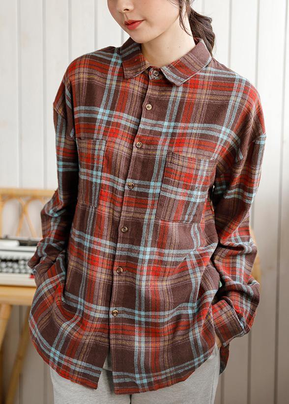 Low High Design Linen Cotton Lapel Shirts Plaid Baggy Blouses