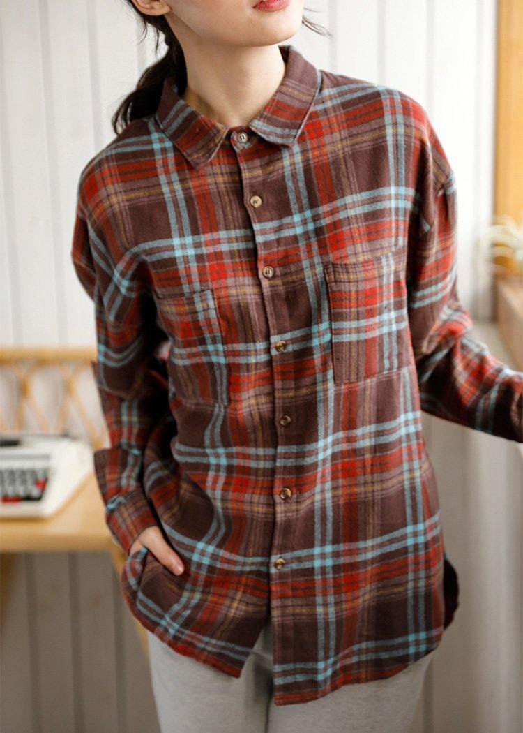 Low High Design Linen Cotton Lapel Shirts Plaid Baggy Blouses