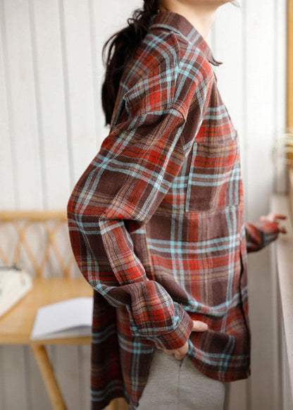 Chic low high design linen cotton lapel shirts plaid baggy blouses