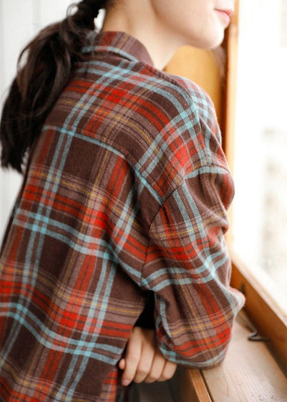 Chic low high design linen cotton lapel shirts plaid baggy blouses