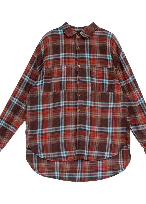Low High Design Linen Cotton Lapel Shirts Plaid Baggy Blouses