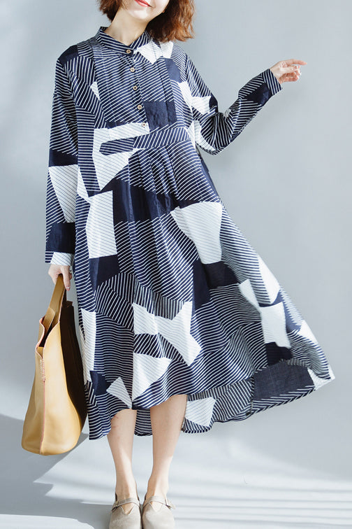 Navy Cotton Clothes for Fine Wardrobes Stand Collar Extra Large Hem Maxi Summer Dress