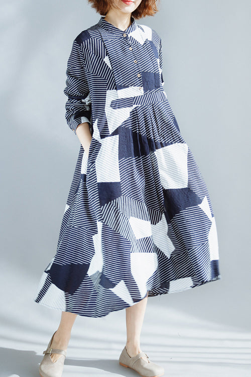 Navy Cotton Clothes for Fine Wardrobes Stand Collar Extra Large Hem Maxi Summer Dress
