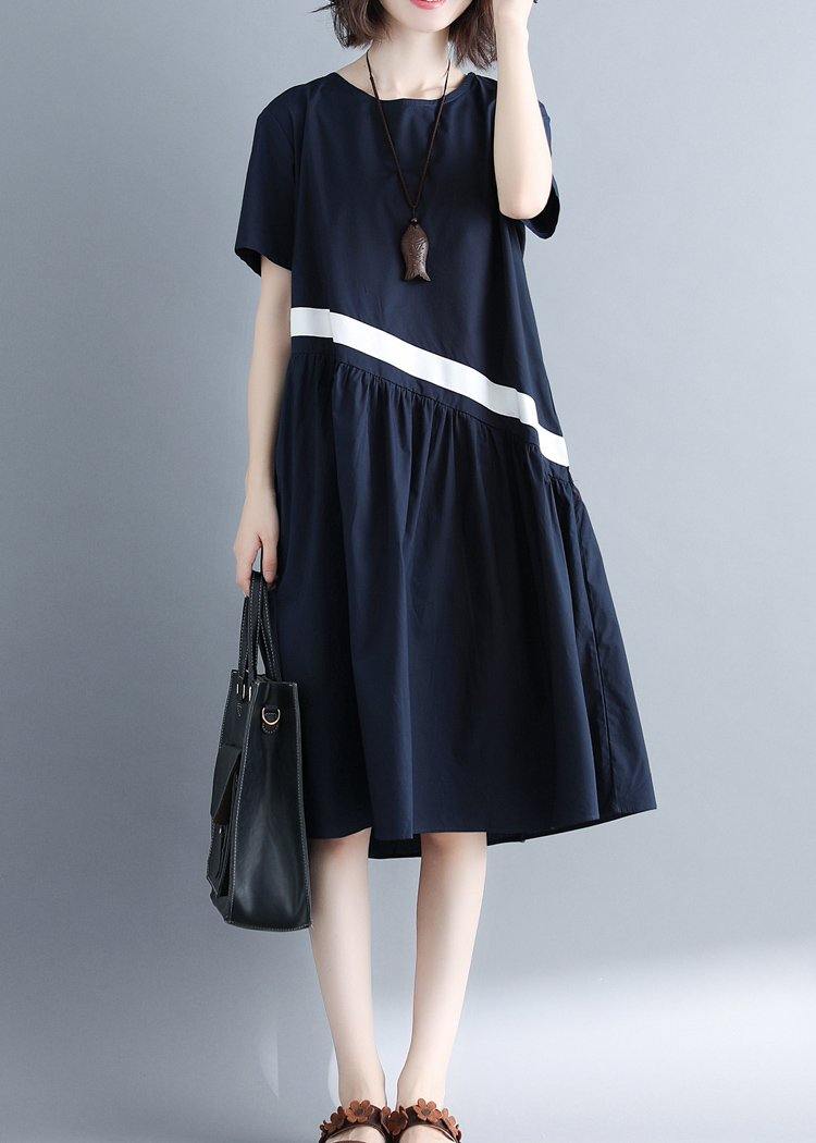 Navy Cotton Clothes for Patchwork Loose Summer Dress