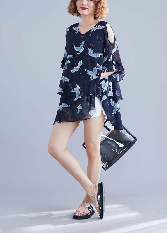Navy Print Chiffon Dresses Outfits V Neck Ruffles Summer Dresses