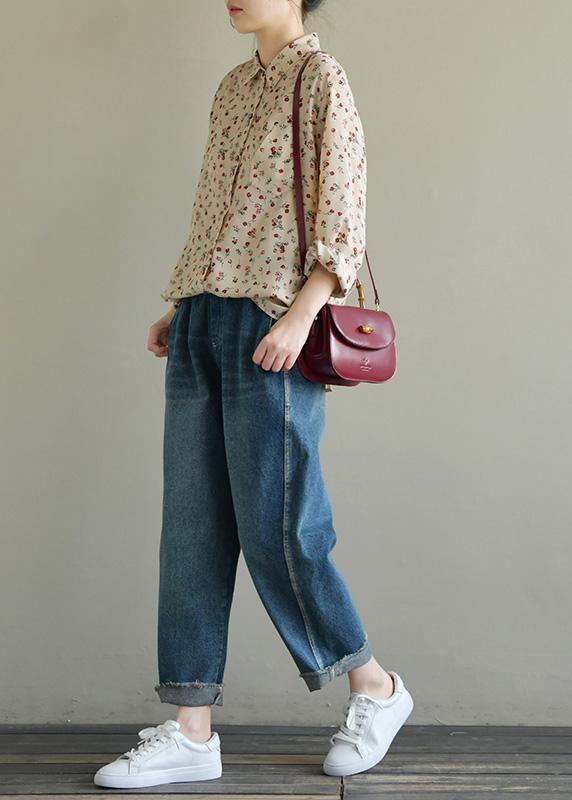 Chic nude print chiffon clothes lapel long sleeve summer top