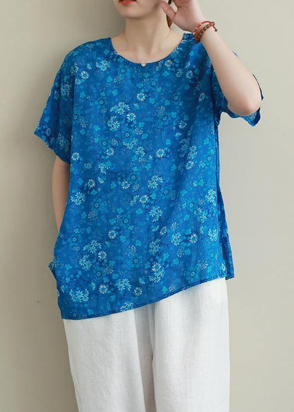 O Neck Chinese Button Linen Clothes for Work Blue Print Blouse