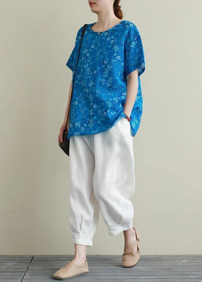 O Neck Chinese Button Linen Clothes for Work Blue Print Blouse