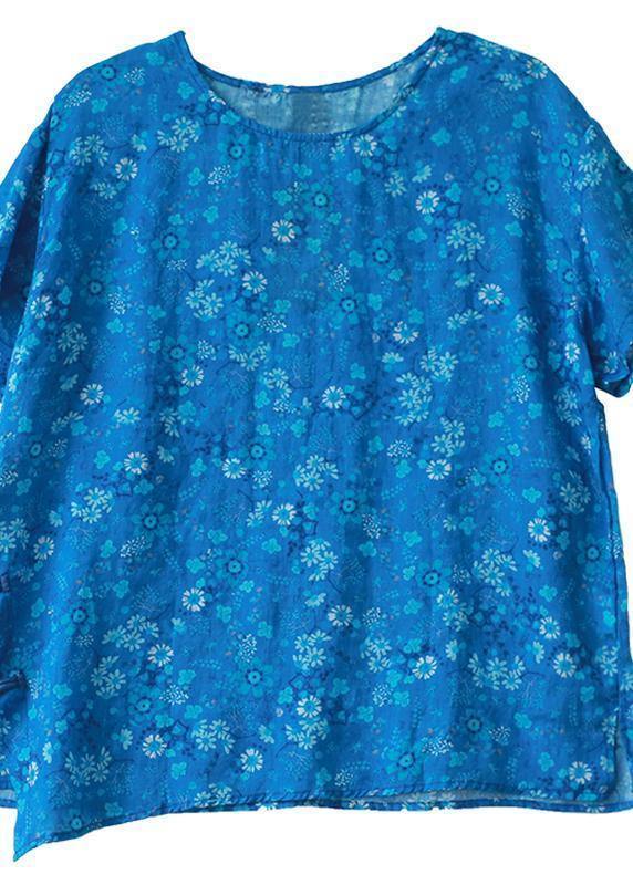 O Neck Chinese Button Linen Clothes for Work Blue Print Blouse