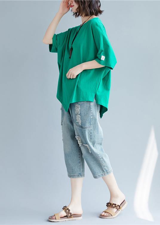 O Neck Asymmetric Cotton Tunic Top Shape Green Top