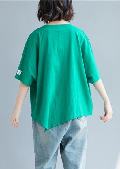 O Neck Asymmetric Cotton Tunic Top Shape Green Top