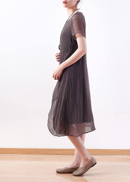 O Neck Asymmetric Silk Linen Clothes for Korea Work Outfits Gray Maxi Dresses Summer