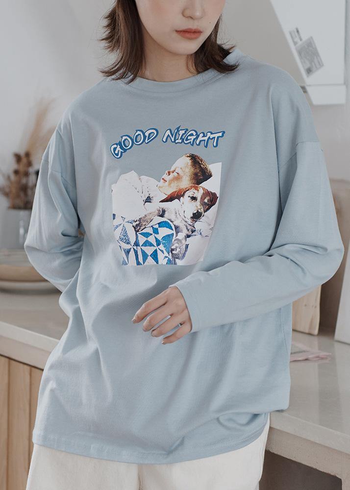 O Neck Cotton Prints Long Shirts Outfits Light Blue Blouse