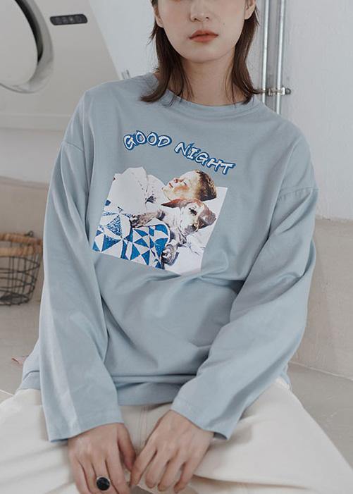 Chic o neck cotton prints Long Shirts Outfits light blue blouse
