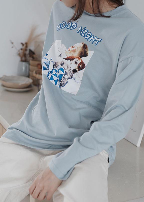 O Neck Cotton Prints Long Shirts Outfits Light Blue Blouse