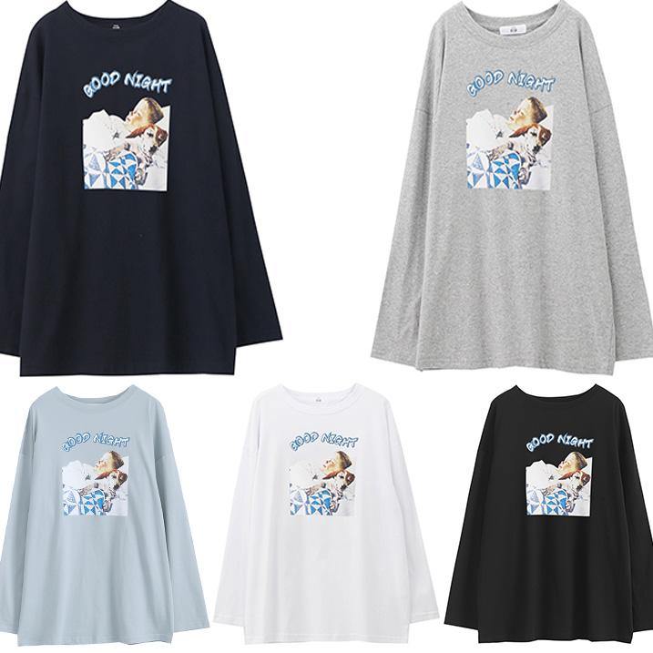 O Neck Cotton Prints Long Shirts Outfits Light Blue Blouse