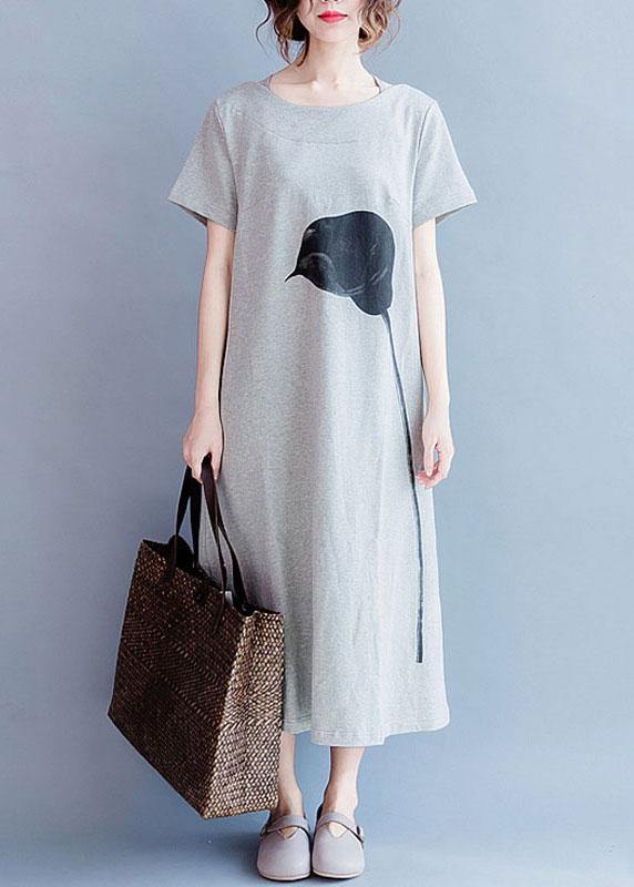 O Neck Cotton Summer Tunics Gray Print Long Dresses