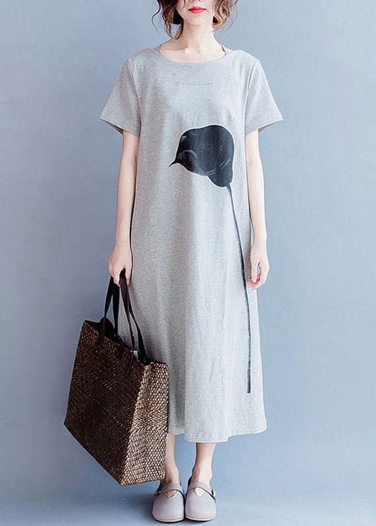 O Neck Cotton Summer Tunics Gray Print Long Dresses