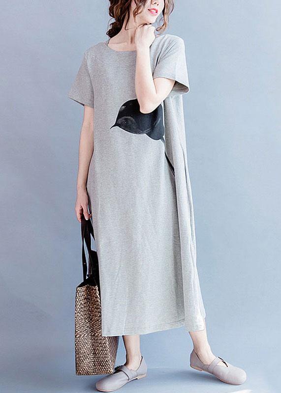 O Neck Cotton Summer Tunics Gray Print Long Dresses