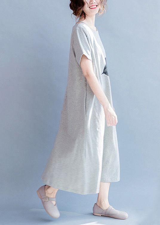 O Neck Cotton Summer Tunics Gray Print Long Dresses