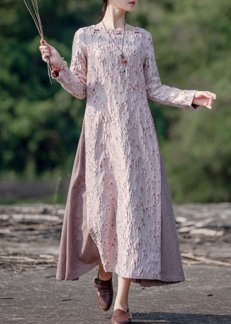 O Neck False Two Pieces Spring Clothes for Photography Pink Embroidery Dresses