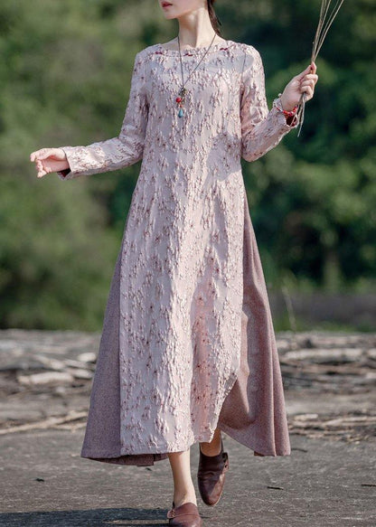 O Neck False Two Pieces Spring Clothes for Photography Pink Embroidery Dresses