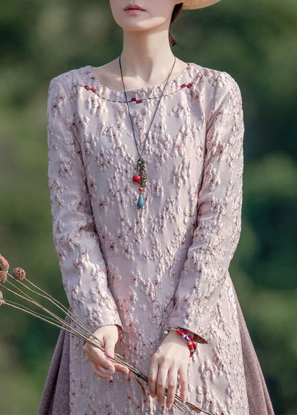 O Neck False Two Pieces Spring Clothes for Photography Pink Embroidery Dresses