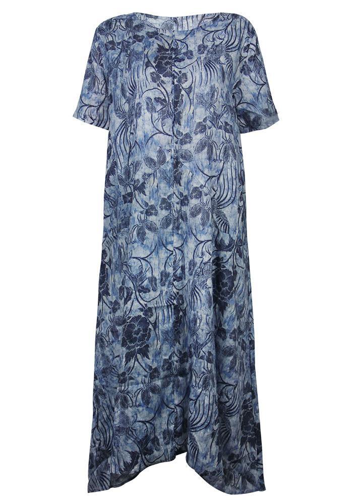 O Neck Linen Wardrobes Blue Print Dresses Summer