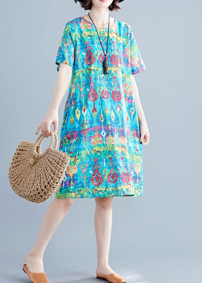 O Neck Linen Clothes Neckline Green Prints Dresses Summer