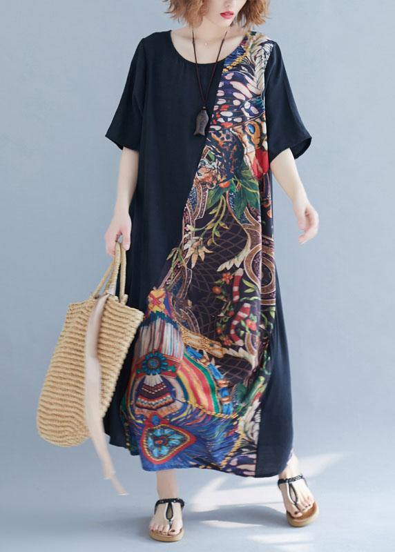 O Neck Patchwork Cotton Summer Dresses Photography Black Robe Dress